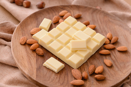 Plate with sweet white chocolate and almond on tableの写真素材