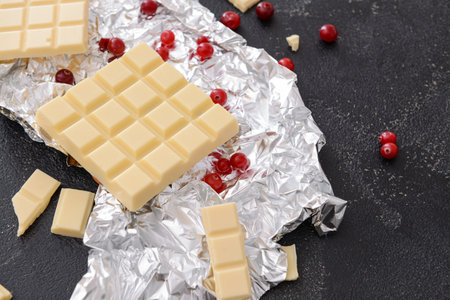 Sweet white chocolate with cranberry on tableの写真素材