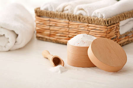 Box with laundry detergent on tableの写真素材