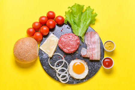 Ingredients for tasty burger on color backgroundの写真素材