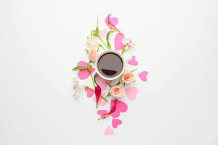 Beautiful composition with cup of coffee on white backgroundの写真素材