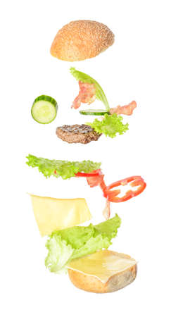 Ingredients for tasty burger on white backgroundの写真素材