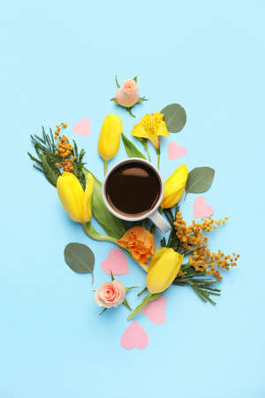 Beautiful composition with cup of coffee on color backgroundの写真素材