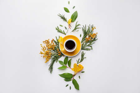 Beautiful composition with cup of coffee on white backgroundの写真素材