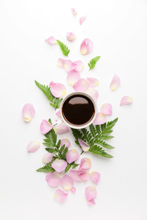 Beautiful composition with cup of coffee on white backgroundの写真素材