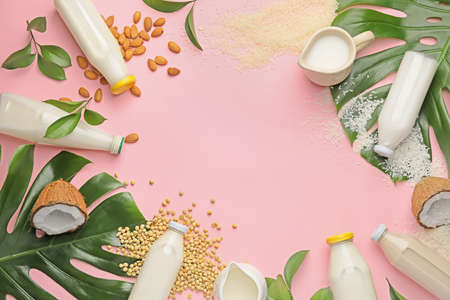 Frame made of different milk on color backgroundの写真素材