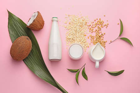 Different milk on color backgroundの写真素材