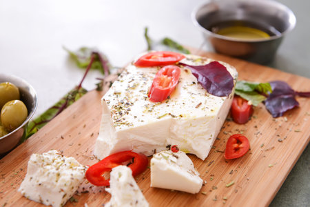Tasty feta cheese with chili, herbs, spices and oil on boardの写真素材