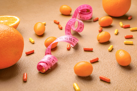 Measuring tape, fruits and weight loss pills on color backgroundの写真素材