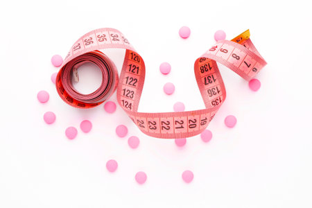 Weight loss pills with measuring tape on white backgroundの写真素材