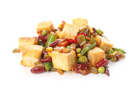 Tasty tofu cheese and vegetables on white backgroundの写真素材