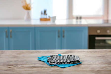 Napkins on table in kitchenの写真素材