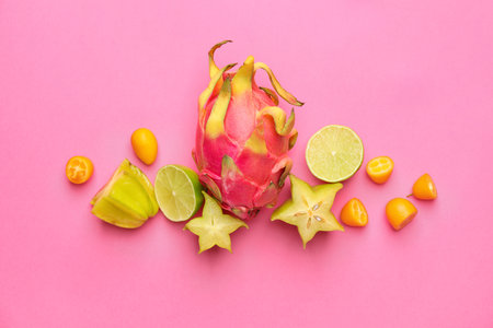 Tasty exotic fruits on color backgroundの写真素材