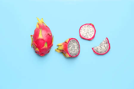 Tasty dragon fruit on color backgroundの写真素材