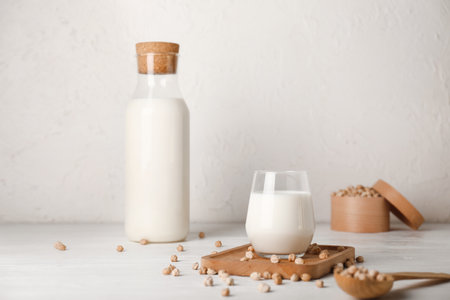 Tasty chickpea milk on white tableの写真素材