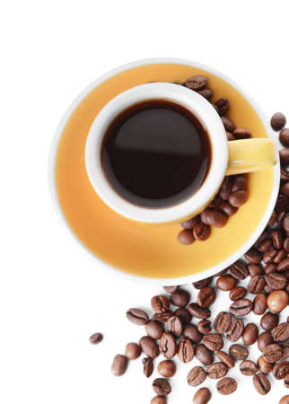Cup of hot coffee and beans on white backgroundの写真素材