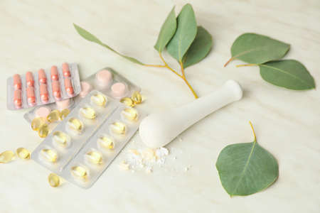 Plant based pills on white backgroundの写真素材