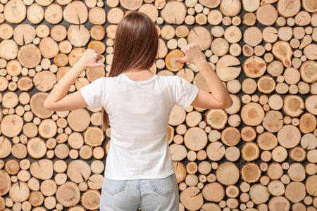 Young woman in stylish t-shirt on wooden backgroundの写真素材