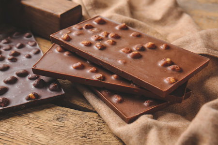 Sweet chocolate with nuts on tableの写真素材