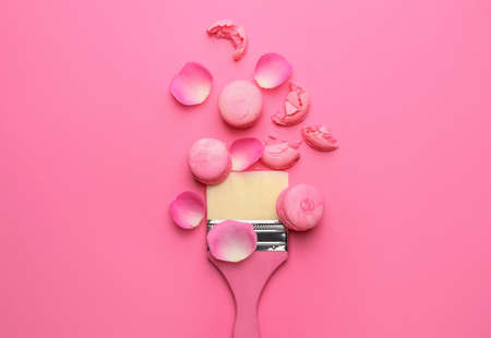 Paint brush with with macarons on color backgroundの写真素材