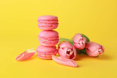 Tasty macarons on color backgroundの写真素材