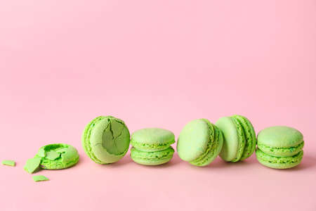 Tasty macarons on color backgroundの写真素材