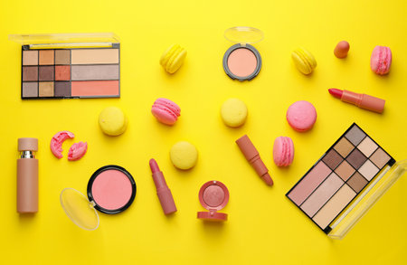 Makeup cosmetics with tasty macarons on color backgroundの写真素材