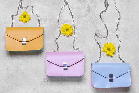 Stylish bags on gray backgroundの写真素材