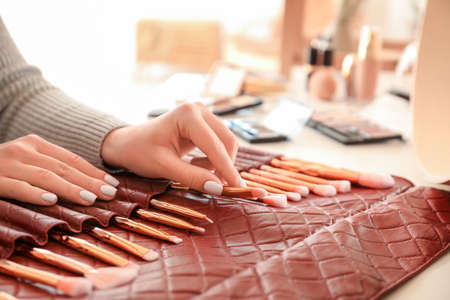 Professional makeup artist choosing brush, closeupの写真素材