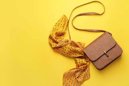 Stylish bag with scarf on color backgroundの写真素材