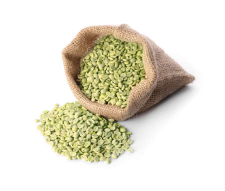 Sack with green coffee beans on white backgroundの写真素材