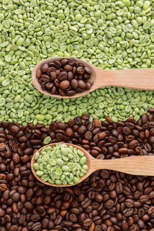 Spoons with roasted and green coffee beansの写真素材