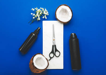 Hair sprays with scissors and coconut on color backgroundの写真素材
