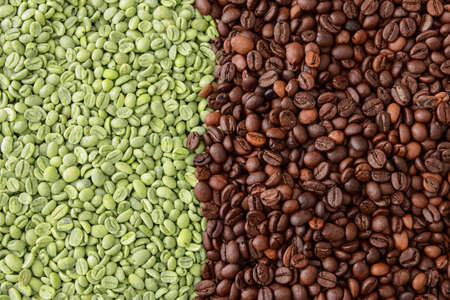 Green and roasted coffee beans as backgroundの写真素材