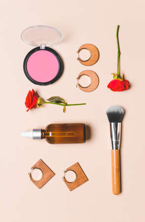 Makeup cosmetics with accessories on light backgroundの写真素材