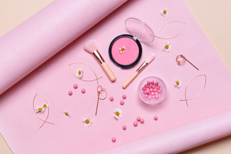 Makeup cosmetics with accessories on color backgroundの写真素材