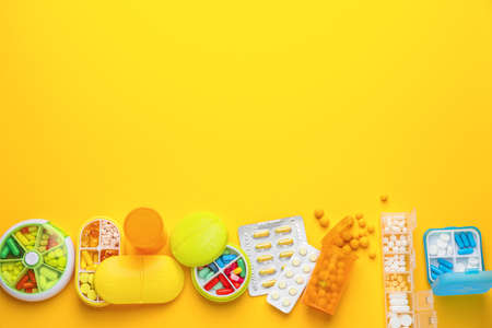 Composition with different pills on color backgroundの写真素材