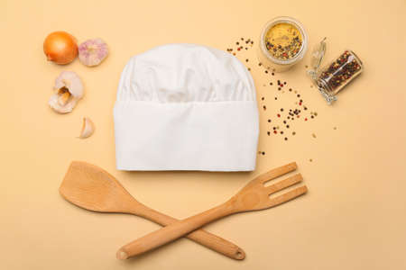 Composition with chef's hat on color backgroundの写真素材