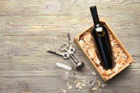 Composition with tasty wine on wooden backgroundの写真素材