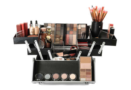 Case of professional makeup artist with decorative cosmetics on white backgroundの写真素材