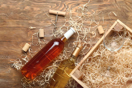 Composition with tasty wine on wooden backgroundの写真素材