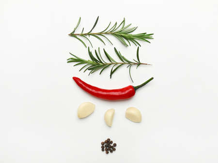 Fresh rosemary and spices on white backgroundの写真素材
