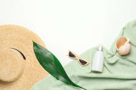 Summer composition with beach accessories on white backgroundの写真素材