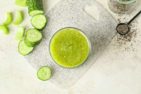 Glass of healthy smoothie on tableの写真素材