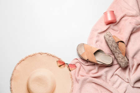 Summer composition with beach accessories on white backgroundの写真素材