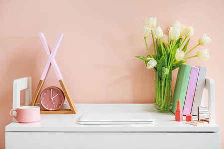 Modern stylish workplace with flowers near color wall
