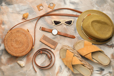 Summer composition with stylish accessories on color backgroundの写真素材