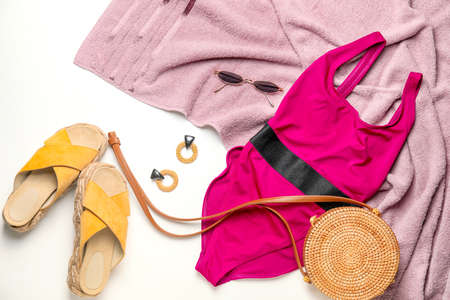 Summer composition with beach accessories on white backgroundの写真素材