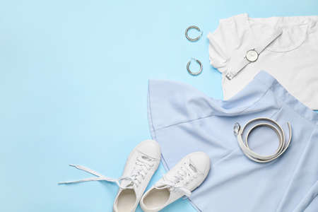 Composition with summer clothes and accessories on color backgroundの写真素材