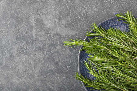 Plate with fresh rosemary on dark backgroundの写真素材